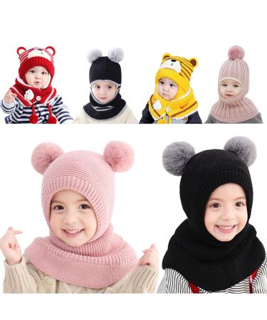 Baby Balaclava Kids Winter Warm Hat Scarf Warm Knitted Hood Hat with Double Pom Pom Design Beanie Caps for Baby Girls Boys Cute Small Bear Winter Hat D-B One Size