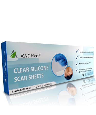 AWD Silicone Scar Sheets for Scar Removal - Extra Thick 0.5mm Silicone Scar Tape for Surgical Scars C Section Keloid - Silicone Skin Patches Extra Thick 0.5mm Longer Use (5 Pcs 1.6 x 6 ) Clear