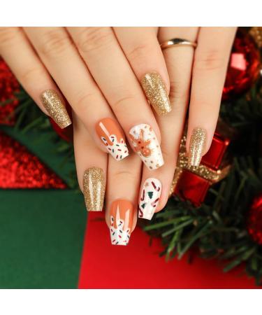 DMQ Coffin Christmas False Nails Gold Glitter Fake Nails Christmas Press on Nail with Pattern Christmas Nail Tips with Nail Glue Acrylic Stick on Nails for Women Girls Nails Art
