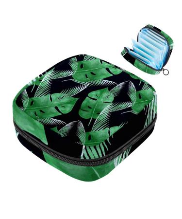 Menstruation pad bag with zipper women's napkin bag tampons collective bags for women and girls (green leaf tropical)