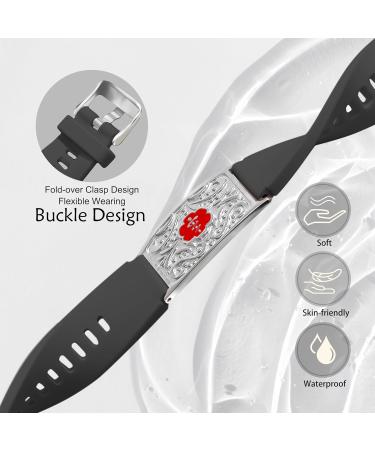 Custom Medical Alert Bracelets for Men & Women - Free Engraving Waterproof Silicone ID Wristbands Adjustable Life Alert Jewelry - 9.0 Inches Black Band with Red Symbol - Buy Online on GoSupps.com