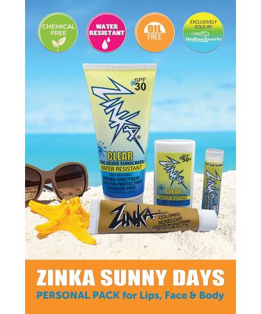 Zinka Sunny Days SPF 30/50 Sunscreen - Water Resistant Oil Free UVA & UVB Protection for Face Body & Lips | Personal Pack (Nosecoat Lotion Face Stick Lip Balm - Buy Online on GoSupps.com