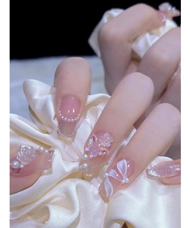24pcs Butterfly Pearl Glitter Medium Long Coffin Fake Nail Pearl Glitter 3D Press on Nails Pearl Glitter Strip Nails Luxurious Nails Acrylic Nails Fake Nails For Women Girls