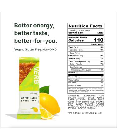 Verb Energy Lemon Caffeinated Snack Bars - 90 Calorie Low Sugar Vegan & Gluten Free Nutrition Bars with Organic Green Tea - 16 Count Pack - Buy Online on GoSupps.com