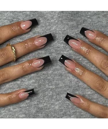 Mouyouglow press on nails short ballerina nude skin color black French french glossy fake nails with nail glue natural black tips artificial fingernails ... wg5