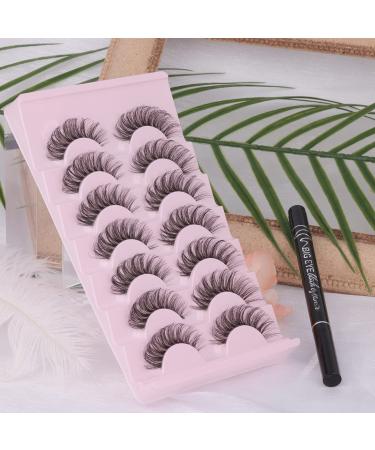 TNFVLONEINS 3D Wispy Mink Lashes with Clear Band and Liquid Eyeliner - 7 Pairs of Natural-Looking Fluffy Cat Eye Fake Eyelashes, 17mm Extensions Effect - Black - Buy Online on GoSupps.com