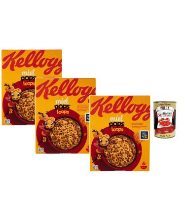 Italian Gourmet E.R. Miel Pops Loops Cereal Honey Ring Set Crispy Cereal with Vitamin D 3 x 330g for Kids and Adults + Italian Gourmet Polpa