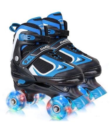 Nattork Kids Roller Skates for Boys Girls Kids, 4 Sizes Adjustable Quad Skates with All Light up Wheels - Best Birthday Gift for Indoor Outdoor Sports Blue Small(10C-13C)