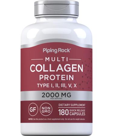 Piping Rock Multi Collagen Protein Capsules | 180 Count | 2000mg | Types I II III V X | Complex Blend | Non-GMO Gluten Free