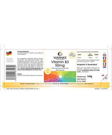 Vegan Vitamin B3 50mg (Nicotinamide) | 500 Tablets by Warnke Vitalstoffe - Buy Online on GoSupps.com