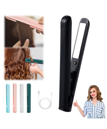 Mini Dual-purpose Curling Iron ceramic mini hair curler for short hair 2-in-1 USB Mini Curling Wand Flat Iron Hair Straightener Portable Hair Travel Curling Wand (Black)