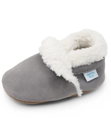 Dotty Fish Suede Baby Slippers. Warm Fleece Lined. Infant Toddler Shoes. Non-Slip Soft Sole. Boys Girls. 0-6 Months - 5-6 Years 6-12 Months Pale Grey