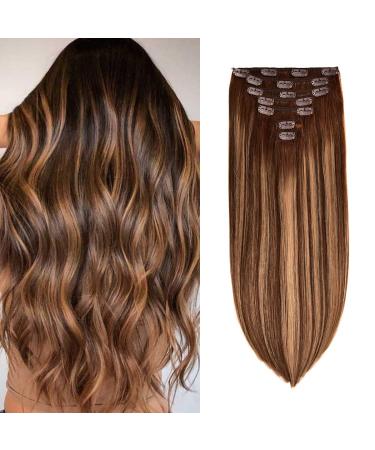 Clip in Hair Extensions Real Human Hair 120g 7pcs Clip in Hair Extensions 14 Inch Chocolate Brown Mixed Caramel Blonde #4/27/4 Human Hair Clip in Extensions Double Weft Thickened Silky Straight Hair Extensions Clip in Human Hair Real Hair Extensions Clip 