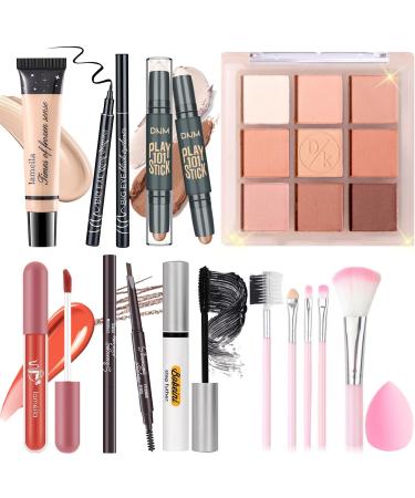 Makeup Set Kit for Women Girls Teens Makeup Present Set Includes 9 Color Eyeshadow Counter Stick Foundation Eyebrow Pencil Eyeliner Mascara Lip Gloss 5Pcs Brushes Sponge Set E