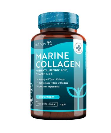 Marine Collagen 1000mg - 60 Capsules of Superior Type 1 Hydrolysed Collagen - Enhanced with Hyaluronic Acid Vitamin C Vitamin E Vitamin B2 Zinc Copper and Iodine - Made in The UK by Nutravita 60 Count (Pack of 1)