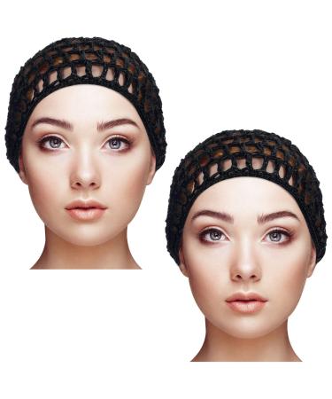 Geyoga 2 Pieces Mesh Crochet Hair Net Rayon Knit Snood Hat Cover Crocheted Sleep Cap for Women Black