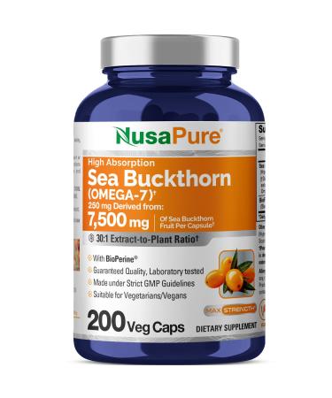 NusaPure Sea Buckthorn Omega-7 30:1 Extract 250 mg Equivalent to 7 500mg per Veggie Caps - 200 Capsules - Non-GMO & Vegan
