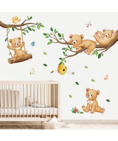 decalmile Woodland Bear Wall Decals Animal Tree Branch Wall Stickers Baby Nursery Kids Bedroom Living Room Wall Decor