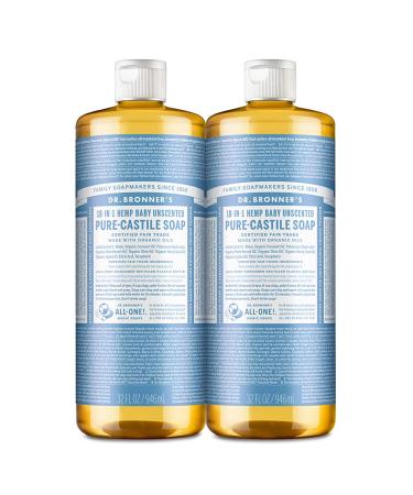 Dr. Bronners - Pure-Castile Liquid Soap (Baby Unscented, 32 ounce, 2-Pack) - Made with Organic Oils, 18-in-1 Uses: Face, Hair, Laundry and Dishes, For Sensitive Skin and Babies, No Added Fragrance 32 Fl Oz (Pack of 2) - Buy Online on GoSupps.com
