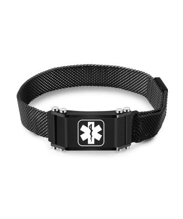 Emergency Medical Alert Bracelets for Women Men Free Custom Engraving Personalized Gift Adjustable Non Tarnish Titanium Steel Wristband for Men Women Black 2