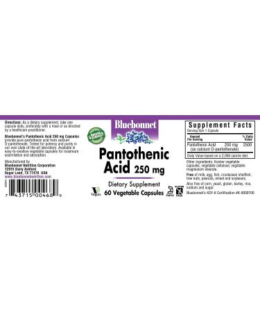 Bluebonnet Pantothenic Acid 250mg Veg Capsules - 60 Count - Buy Online on GoSupps.com