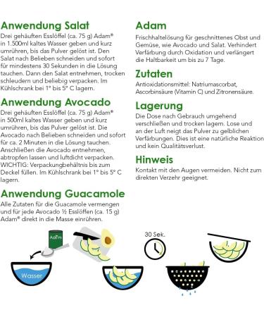  ADAM Adam Fruit & Vegetable Food Agent - Prevents brown colouring and keeps avocado salad and guacamole fresh for up to 7 days longer Antioxidant - No alteration in taste - Buy Online on GoSupps.com