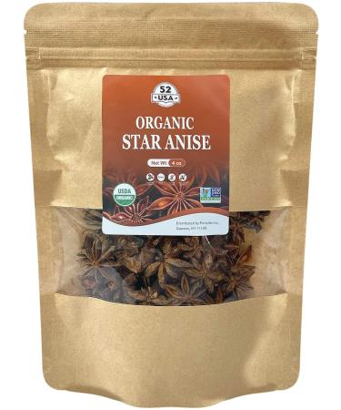 52USA Organic Star Anise 4oz, NON-GMO Verified Whole Chinese Star Anise Pods, Dried Anise Star Spice 4 Ounce (Pack of 1)
