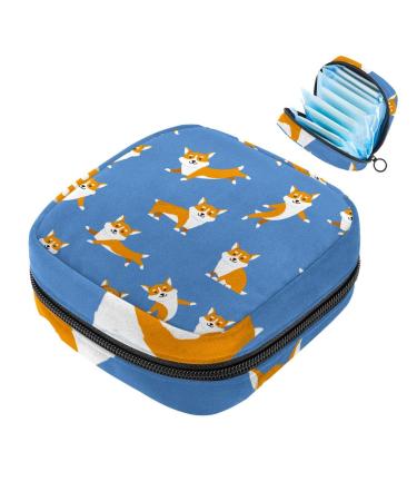 Menstruation pad bag with zipper women's napkin bag tampons collecting bags for women and girls (dancing running cute Corgi pattern) Color 10