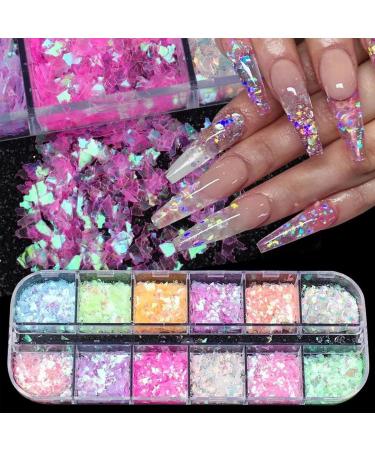 Mermaid Flake Nail Art Glitter Sequins - 12 Colors, 3D Holographic, Fluorescent Glass - Nail Decals for Women & Girls - DIY Acrylic Nails - Buy Online on GoSupps.com