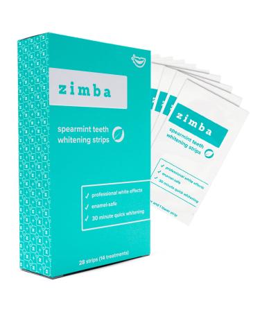Zimba Teeth Whitening Strips - Vegan Stain Remover White Strips - Hydrogen Peroxide Teeth Whitener for Coffee, Wine, Tobacco, and Other Stains - Spearmint Flavor - 28 Strips (14-Day Treatment) Spearmint 28 Count (Pack of 1)
