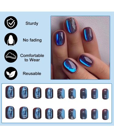 24-Piece Short Angular Press-On Nails Set | Blue Glossy French Fake Acrylic Nails for Women & Girls | Reusable Nail Art Manicure - Buy Online on GoSupps.com