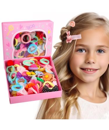 Hair Accessories for Girls by HQCM 60 PCS Seamless Ponytail Holder Multicolor Mini Baby Cartoon Hair Ties with Bow Mini Elastic Hair Bands and Hair Clips for Girls Kids Toddlers Children