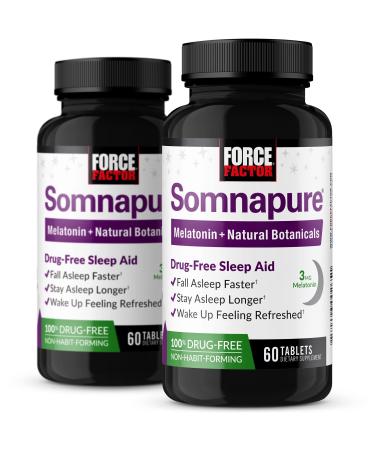 Force Factor Somnapure Drug-No Sleep Aid for Adults with Melatonin, Valerian Root, & Lemon Balm, Non-Habit-Forming Sleeping Pills, Fall Asleep Calm at Night, Wake Up Refreshed, 120 Tablets (2-Pack)