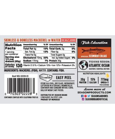 Season Mackerel in Water | Skinless & Boneless Fillets  Keto  Paleo  Kosher  Omega-3 Fatty Acids  Sugar Free  No Salt Added | Certified Wild Caught & Sustainable Fresh Fish | 4.375 oz (Pack of 12) 4.375 Ounce (Pack of 12 - Buy Online on GoSupps.com