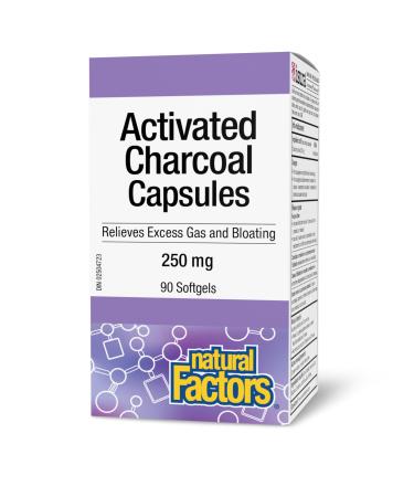 Natural Factors Activated Charcoal Capsules 250mg 90 softgels Used for Digestive Support Detox Bloating and Gas
