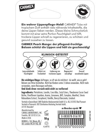 Carmex Peach Mango Tube Moisturizing and Soothing Lip Balm for Chapped Lips with Vaseline Vitamin E and Beeswax (12 x 10 g) - Buy Online on GoSupps.com