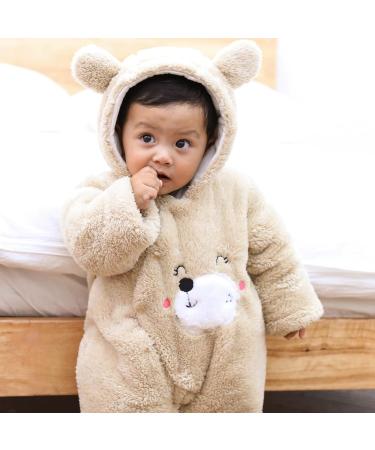 Puseky Newborn Baby Cartoon Bear Snowsuit | Winter Fleece Hooded Romper | Unisex Bodysuit 0-3 Months - Buy Online on GoSupps.com