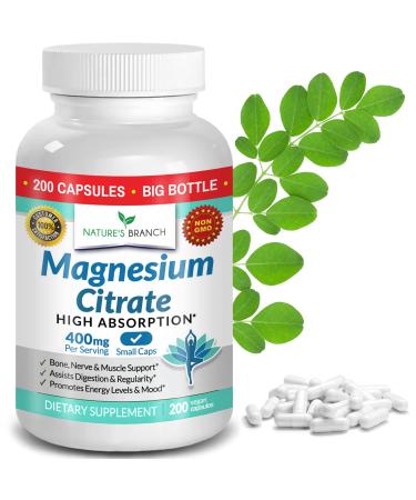 Magnesium Citrate 400mg - 200 Capsules - High Potency for Sleep  Leg Cramps  Extra Strength Absorption  Easy to Swallow Pills for Women & Men  Vegan Supplement Not Tablets - Made in USA