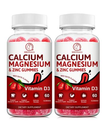 Calcium Magnesium Zinc & Vitamin D Gummies - 2 Pack | Vitamins for Women Men & Kids | Calcium Supplements for Strong Healthy Bones Zinc Gummies Gluten-Free Vegan - 120 Count