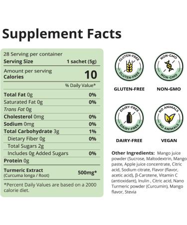 OurJrney Nano Turmeric Curcumin Drink Powder Supplements Mango Flavor Daily Morning Routine Immunity Wellness Shot Gut Health & Joint Support - No Added Sugar Vegan Gluten-Free Non-GMO 28 Sachets - Buy Online on GoSupps.com