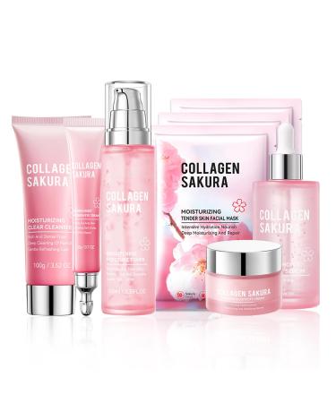 8PCS Sakura Skin Care Set Hydrating Skin Care Kit Gift Set for Women and Girls Moisturizing Skincare Set Facial Kit with Cleanser Face Serum Face Masks Facial Cream Toner and Eye Cream