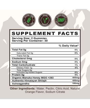 Detox Organics Shilajit Gummies - Authentic Shilajit Blend with Himalayan Ashwagandha & Sweetened Organic Manuka Honey - Crafted for Vitality & Immune Support - Glyphosate-Free - 60 Count - Buy Online on GoSupps.com