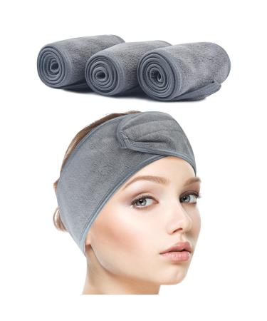 SINLAND Spa Headband for Women 3 Counts Ultra Soft Adjustable Makeup Hair Band with Magic Tape  Terry Cloth Stretch Head Wrap for Face Washing  Bath  Shower  Facial Mask  Yoga 3 Count (Pack of 1) grey