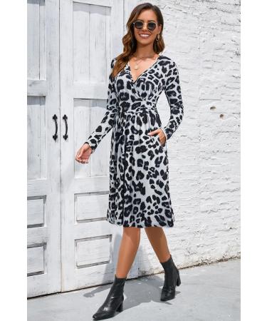 OUGES Women's Spring Casual Midi Dress with Long Sleeve V-Neck and Floral Print - S Leopard02 - Buy Online on GoSupps.com