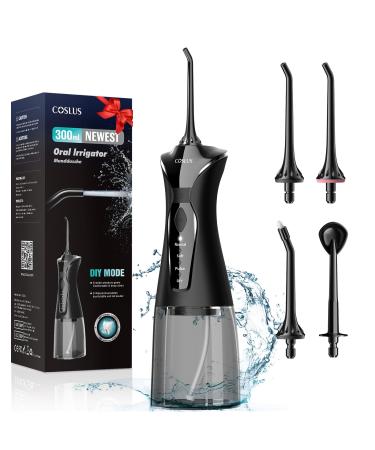 COSLUS Water Dental Flosser Portable Oral Irrigator 300ML 4 Modes Rechargeable Tooth Flosser for Teeth Braces Waterproof Irrigation Cleaner with 4 Jet Tips for Travel Home Cleaning (Black Grey)