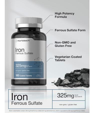 Vegetarian Iron Ferrous Sulfate 325mg | 180 Count | Non-GMO & Gluten Free Dietary Supplement - Buy Online on GoSupps.com