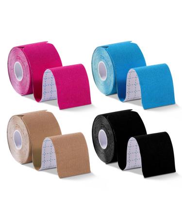 OBTANIM Waterproof Kinesiology Tape 4 Rolls Precut Strips Elastic Athletic Tape Muscle Pain Relief Sports Tape for Knee Fitness Running Tennis Swimming (Mixed Color)