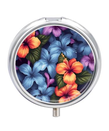 Round Pill Box Tropical Floral Print 3 Compartment Medicine Pill Case Print Pill Organizer Decorative Metal Portable Pill Box Pocket Pill Box