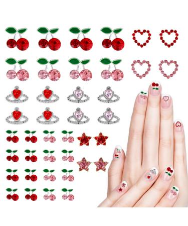 TIESOME Nail Charms Rhinestone 40PCS Cherry Nail Art Gems Shiny Nail Jewelry Decorations Diamond Nail Ornament Acrylic Nail Accessories for Women Girl DIY Crafts Supplies