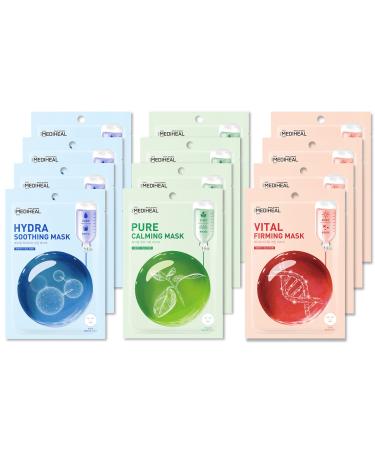 Mediheal Daily Essential Masks 12 Pack (3 types x 4 each) Soothing Hydrating Firming